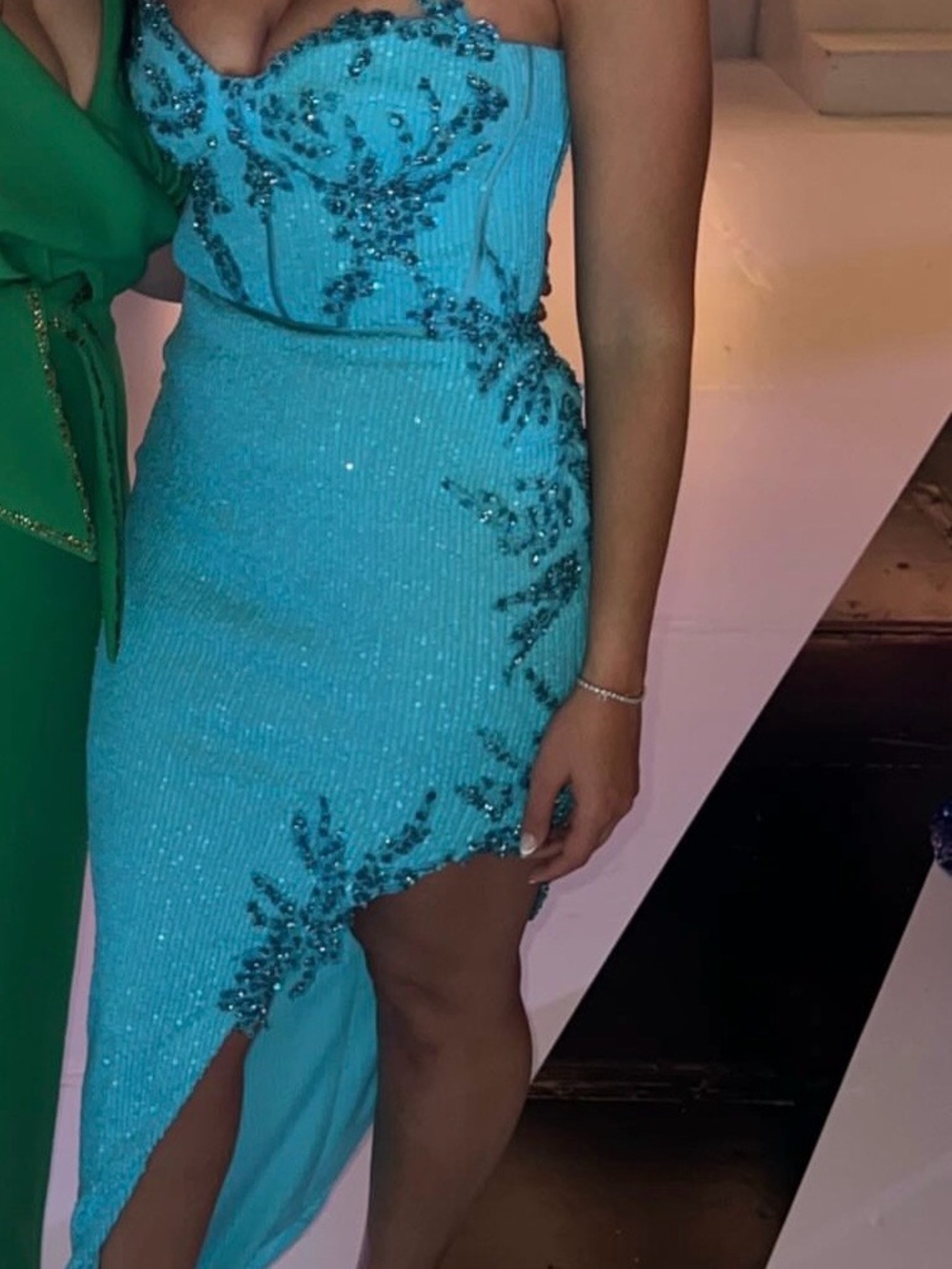 Strapless Turquoise Beaded Asymmetric Cocktail Dress